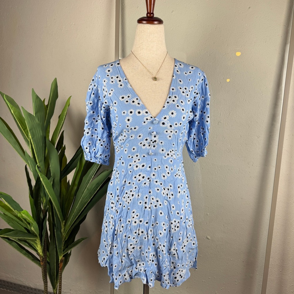Faithfull The Brand Romantic Cottage Prairie Mini Dress Small Floral Puff Sleeve